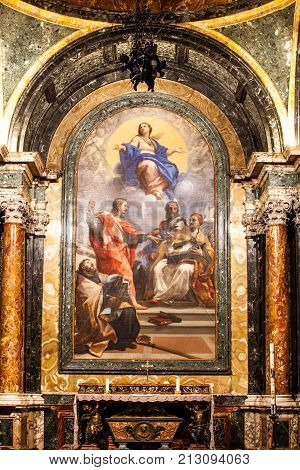 ROME, ITALY. February 24. 2015:  Cybo Chapel, Santa Maria del Popolo Church. Rome. Italy. Immaculate Conception with saints, Carlo Maratta famous painter of the second half of the seventeenth century.