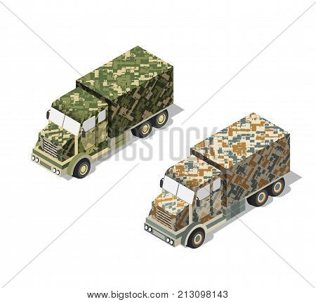 A military truck army vehicle transport in camouflage color disguise. Isometric stock picture truck vector