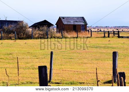 Forgotten abandoned ranchland surrounded by a broken collapsing fence taken in a rural prairie