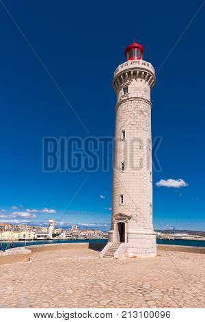 Stunning Harbour Of Sete With Lighthouse In The South Of France Near The Mediterranean. Copy Space F