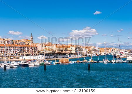 View Of The Harbor With Yachts, Sete, France. Copy Space For Text.