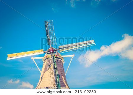 Foxton New Zealand - 28 November 2015: The De Molen Windmill. A close up image of the full size replica Dutch working windmill.