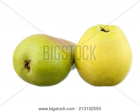 Isolated fruits, appetizing green apple and juicy yellow pear isolated on white background