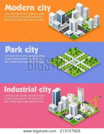Modern 3D city isometric three-dimensional infographic option banner with colorful isometric city for the business conceptual graphs and diagrams including skyscrapers homes and stores with streets
