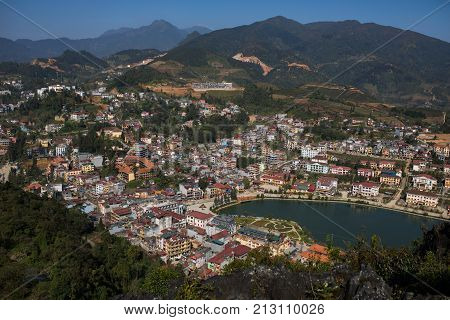SAPA VIETNAM - NOV42017 : high angle view of sapa township scene from ham rong mountain peak most popular traveling destination in sapa
