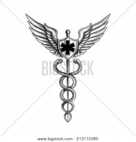 Tattoo style illustration of caduceus staff with pilot wings and EMT star inside shield.