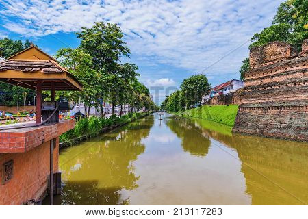 Chiang Mai canal and old ruins in Thailand