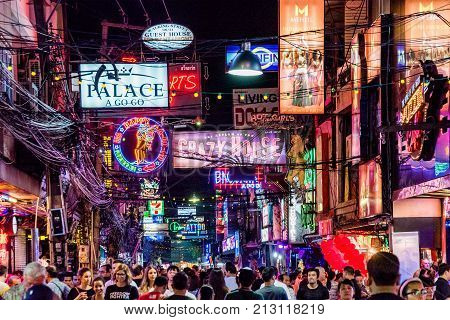 PATTAYA THAILAND - AUGUST 07: This is Walking Street a famous red light district where many tourists come at night to visit clubs and bars on August 07 2017 in Pattaya