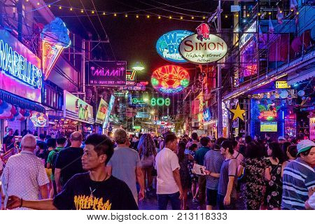 PATTAYA THAILAND - AUGUST 07: This is Walking Street a famous red light district where many tourists come at night to visit clubs and bars on August 07 2017 in Pattaya