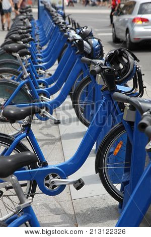 Rows of blue bikes in Melbourne CBD as part of the cities bike sharing program 