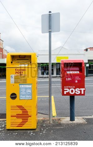 Ararat Australia - October 21 2017: Australia Post is a statutory corporation operating Australias postal service. It offers an Express Post yellow postbox and normal postal service.