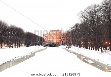 The Mikhailovsky Castle and Moika River in St.Petersburg at winter Russia.