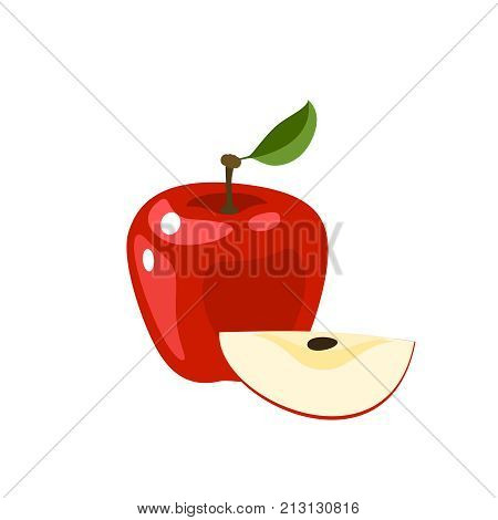 Summer fruits for healthy lifestyle. Red apple, whole fruit and slice. Vector illustration cartoon flat icon isolated on white.