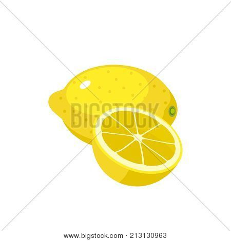 Summer fruits for healthy lifestyle. Yellow lemon, whole fruit and half. Vector illustration cartoon flat icon isolated on white.