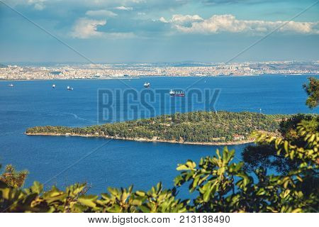 View of Asian Side of Istanbul from Buyukada Island with Marmara Sea landscape