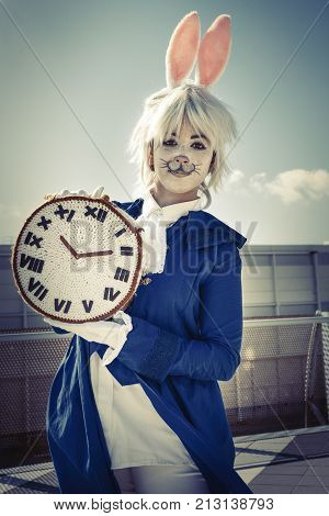 ROME, ITALY. October 3, 2015: A girl dressed as a rabbit cosplay during the event Romics 2015 in Rome, Italy.