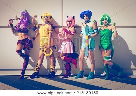 ROME, ITALY. October 3, 2015: Group of comics cosplay girls in Japanese manga costume. Five young girls dressed as Japanese manga characters during the event Romics 2015 in Rome in Italy.