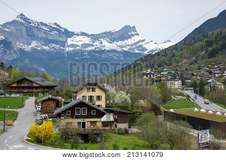 Panoramic view of Saint-Gervais-les-Bains and Alps the highest and most extensive mountain range system that lies entirely in Europe
