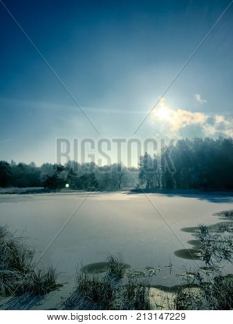 Landscape in the winter cloudy day of snow covered fields and forests in Belgium, Province Antwerp, District Turnhout, Rijkevorsel