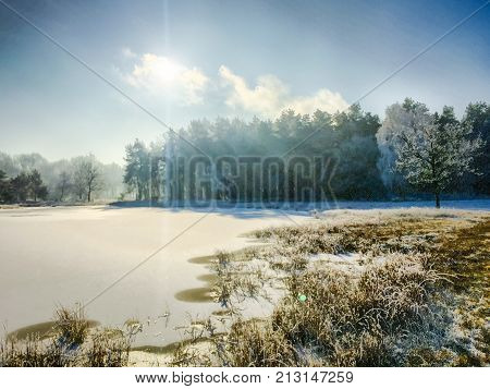 Landscape in the winter cloudy day of snow covered fields and forests in Belgium, Province Antwerp, District Turnhout, Rijkevorsel