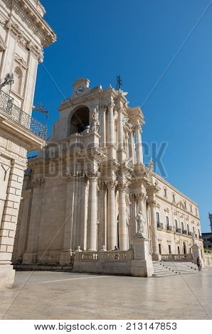 Baroque Style Cathedral In Piazza Duomo. Ortiga Island, Syracuse City, In Sicily. The City Is A Hist