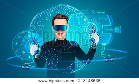 Man using Wearing Virtual Reality Headset. Man working with abstract HUD interface. System augmented reality replaces hands user on robotic arms.