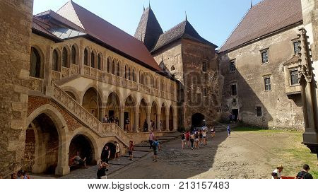 Corvin Romania - July 22 2017: Backyard of Corvin castle in Romania