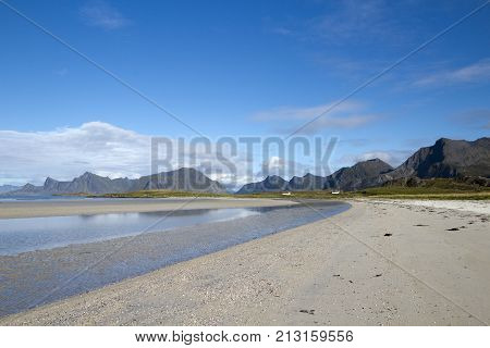 Yttersand Beach located on the northern tip of Moskenesoy Lofoten Islands Norway
