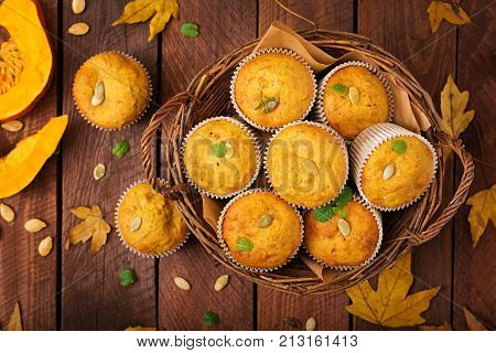Appetizing And Ruddy Muffins With Pumpkin And Walnut. Flay Lay. Top View