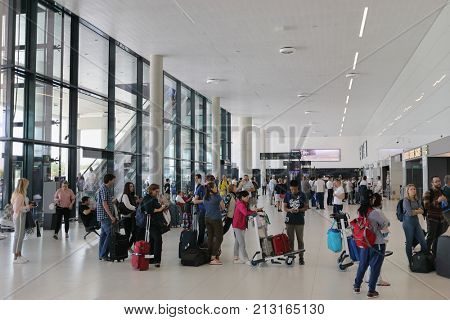 ZAGREB, CROATIA - MAY 19, 2017: The queue of people for check-in at the international airport in Zagreb