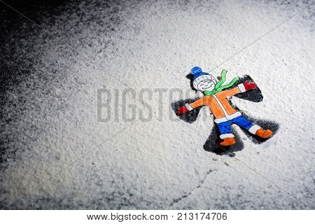 Paper Figure Of The Child As A Snow Angel. Hand Made Paper Figurine. A Blank For A Postcard.