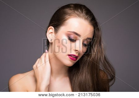 Beautiful Woman Skin Tanned Red Lips Healthy Beauty Skin Smile. Spa Beautiful Model Girl Cute Face O
