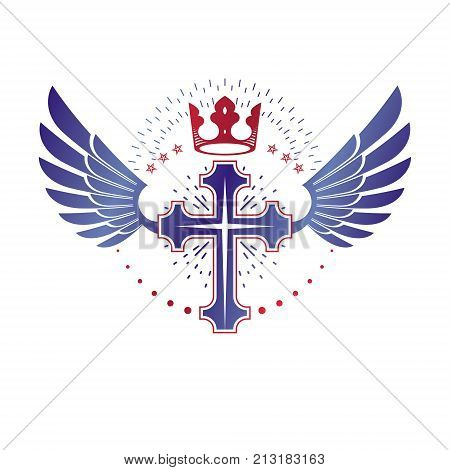 Cross Religious graphic emblem created using imperial crown and angel wings Christian crucifixion. Heraldic Coat of Arms vintage vector logo isolated on white background.