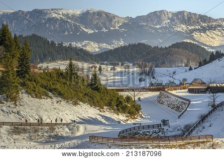 Cheile Gradistei Fundata touristic resort in winter season on December 24 2016 in Fundata Romania. The complex offers beautiful panoramas of the Bucegi mountains.