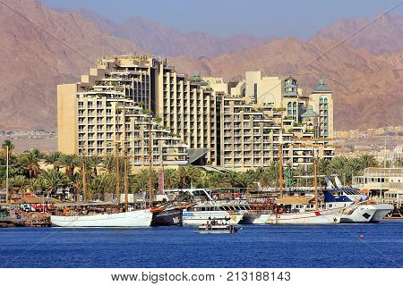 Eilat, Israel - MAY 24 : views of the coastline and luxurious hotels in popular resort - Eilat of Israel  from Gulf of Eilat on may 24, 2017 Eilat, Israel