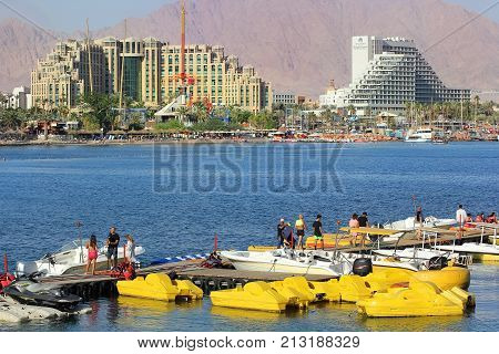 Eilat, Israel - MAY 24 : views of the coastline and luxurious hotels in popular resort - Eilat of Israel  from Gulf of Eilat on may 24, 2017 Eilat, Israel