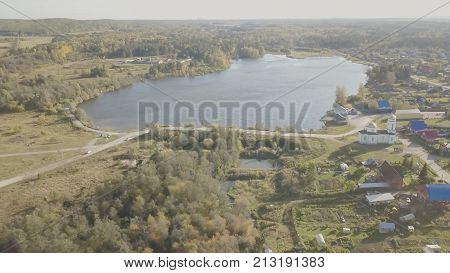 Aerial View Of The European Village Near The Pond. Beautiful Aerial View Of Color Lake And Village W