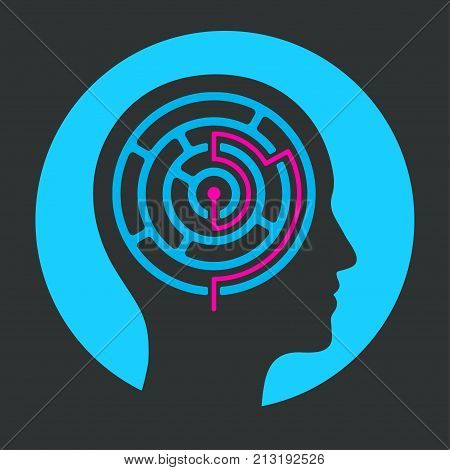 Human head silhouette with maze and solution. Solving problems of mind with psychology. Vector illustration icon or logo.