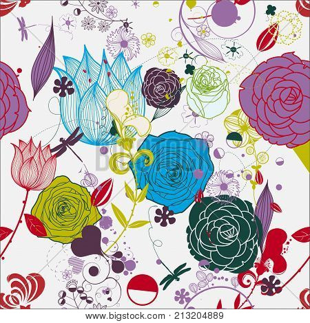 Vivid floral seamless pattern. Roses, tulips on a white background. Vector illustration.