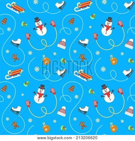 Winter Holidays Seamless Pattern Flat Vector Illustration Simple Objects Scattered On Blue Background Winter Holidays Seamless Pattern Flat Vector Illustration Simple Objects Scattered On Blue Background