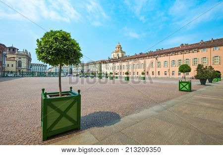 Turin Italy - June 6 2010: Castello square seen from the entrance square of the Royal palace