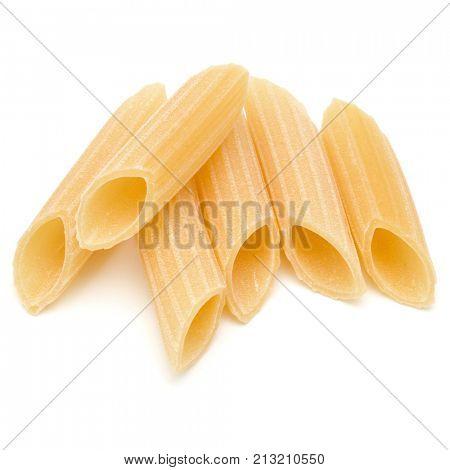 Italian pasta isolated on white background. Pennoni. Penne rigate.