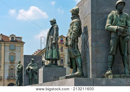 Turin, Italy -  June 24, 2010:  Castello square, the monumental group in memory of the Duca D'Aosta