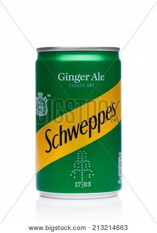 London, Uk - November 10, 2017: Schweppes Tin Ginger Ale Taste On White.the Dr Pepper Snapple Group