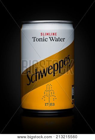 London, Uk - November 10, 2017: Schweppes Tin Tonoc Water Taste On Black.the Dr Pepper Snapple Group