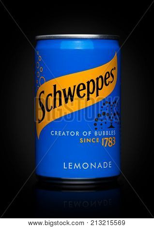 London, Uk - November 10, 2017: Schweppes Tin Ginger Lemonade On Black.the Dr Pepper Snapple Group I