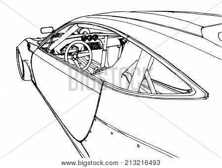 Sports car. Stock Illustration in the style of hand-drawn linear graphics