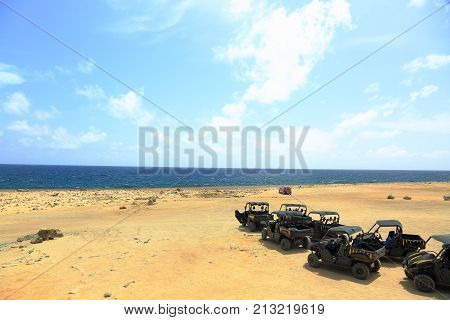 Natural beauty of Aruba. North coast. Off-road UTV Aruba tour. Amazing stone desert landscape and blue sky. September, 2017