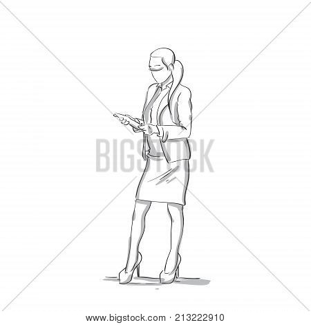 Business Woman Reading Documents Sketch Silhouette Of Businesswoman Full Length On White Background Vector Illustration