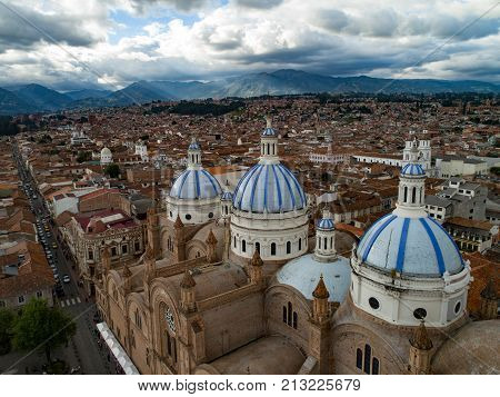 Aerial View Of New Cathedral In Center Of Cuenca, Ecuador